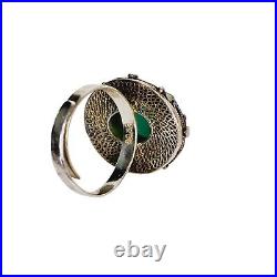 Chinese Filigree Enamel Sterling Silver Teal Blue Chrysoprase Ring