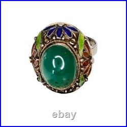 Chinese Filigree Enamel Sterling Silver Teal Blue Chrysoprase Ring