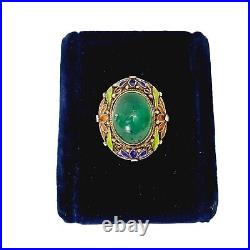 Chinese Filigree Enamel Sterling Silver Teal Blue Chrysoprase Ring