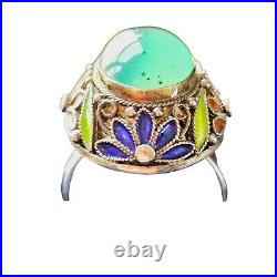 Chinese Filigree Enamel Sterling Silver Teal Blue Chrysoprase Ring