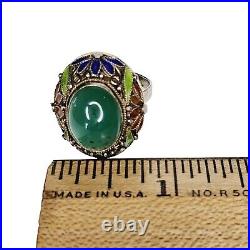 Chinese Filigree Enamel Sterling Silver Teal Blue Chrysoprase Ring