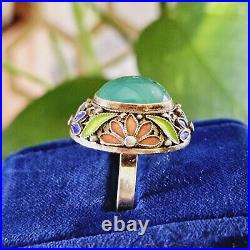 Chinese Filigree Enamel Sterling Silver Teal Blue Chrysoprase Ring