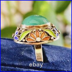 Chinese Filigree Enamel Sterling Silver Teal Blue Chrysoprase Ring