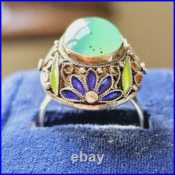 Chinese Filigree Enamel Sterling Silver Teal Blue Chrysoprase Ring