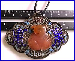 Chinese Sterling Silver Filigree Enamel Shou Bats Carnelian Buddha Necklace