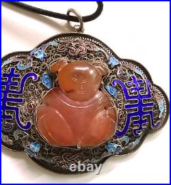 Chinese Sterling Silver Filigree Enamel Shou Bats Carnelian Buddha Necklace