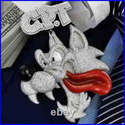 Custom Wolf Pendant With Enamel Tongue Hip Hop 925 Sterling Silver VS1 Moissanit