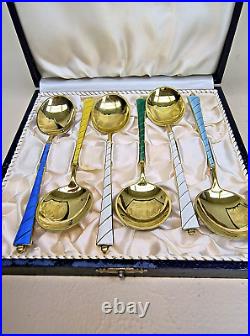 Ela Sterling Silver 925 Enamel Gilt Spoon Set Lot of 6 Denmark Vintage