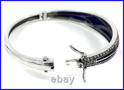 Elegant Bangle 925 Sterling Silver Set With Blue Enamel And Marcasite