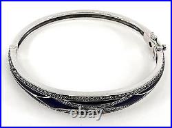 Elegant Bangle 925 Sterling Silver Set With Blue Enamel And Marcasite