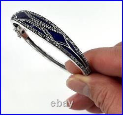 Elegant Bangle 925 Sterling Silver Set With Blue Enamel And Marcasite