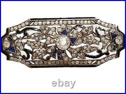 French Art Deco Sterling Silver Enamel Synthetic Sapphire Diamonte Paste Brooch