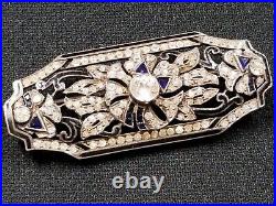 French Art Deco Sterling Silver Enamel Synthetic Sapphire Diamonte Paste Brooch