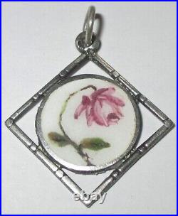 Hallmarked Antique Victorian Sterling Silver Enamel Pink Flower Pendant Charm