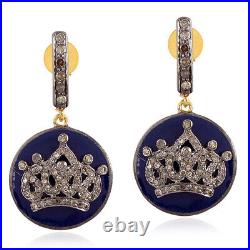 Handmade 18k Gold Diamond Dangle Earrings 925 Sterling Silver Enamel Jewelry