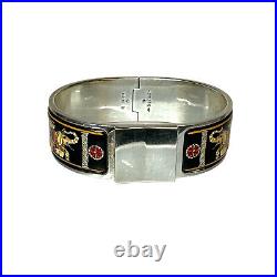 Hermès Sterling Silver & Enamel Torana Elephants Hinged Bangle Bracelet