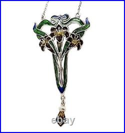 Intricate Art Nouveau sterling silver enamel floral pendant necklace