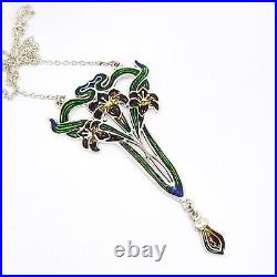 Intricate Art Nouveau sterling silver enamel floral pendant necklace