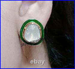 Natural Polki Diamond Green Enamel Stud Earring Victorian 925 Sterling Silver