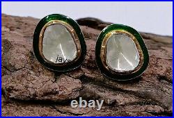 Natural Polki Diamond Green Enamel Stud Earring Victorian 925 Sterling Silver