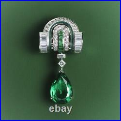 Pear Cut Emerald and Diamond Enamel Teardrop Dangle Brooch 925 Sterling Silver