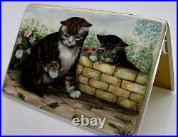 RARE STERLING SILVER ENAMEL CAT KITTEN CIGARETTE CASE 1945 ANIMALS 184g