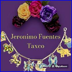 Rare Jeronimo Fuentes JF Signed Taxco Mexico Enamel bracelet VTG 8 Charms Silver