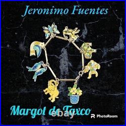 Rare Jeronimo Fuentes JF Signed Taxco Mexico Enamel bracelet VTG 8 Charms Silver