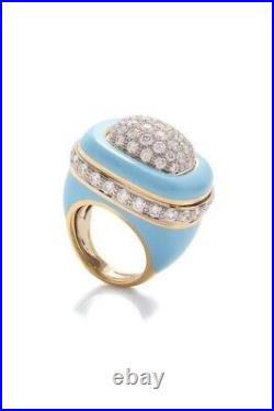 Round CZ & Blue Enamel Cocktail Ring 925 Sterling Silver Evening Party Jewelry