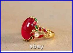 S925 Sterling Silver Enamel Red Corundum Flower Beautiful Woman Chalcedony Ring