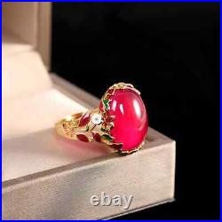 S925 Sterling Silver Enamel Red Corundum Flower Beautiful Woman Chalcedony Ring