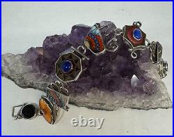 Shano Sterling Silver with Colorful Enamel Eclectic Designs Bracelet 7 1/2