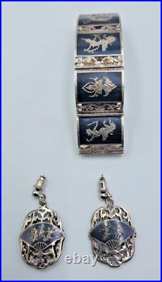 Siam 925 Silver Enamel Dancer Goddess Panel Link Bracelet/Earring set