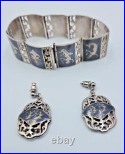 Siam 925 Silver Enamel Dancer Goddess Panel Link Bracelet/Earring set