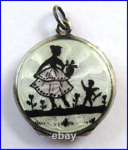 Small Vintage Sterling Silver Guilloche Enamel Silhouette Cupid Locket Pendant