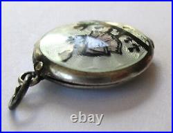 Small Vintage Sterling Silver Guilloche Enamel Silhouette Cupid Locket Pendant