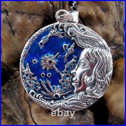 Solid 925 Sterling Silver Moon Goddess Pendant by Oberon Zell with Blue Enamel