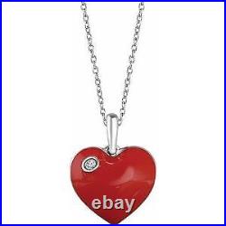 Sterling Silver. 02 CT Natural Diamond Red Enamel Heart Pendant Necklace 18