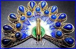 Sterling Silver 925 Enamel Blue Lapis Peacock Vintage Pin Brooch