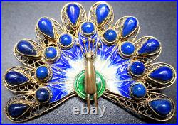 Sterling Silver 925 Enamel Blue Lapis Peacock Vintage Pin Brooch