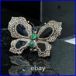 Sterling Silver Enamel Butterfly Ring Studded Natural Emerald&Pave Diamond