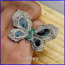 Sterling Silver Enamel Butterfly Ring Studded Natural Emerald&Pave Diamond