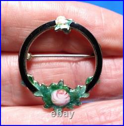 Sterling Silver Enamel Circle Pin Black Roses Vintage 2.2 Grams