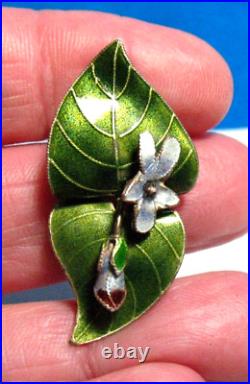 Sterling Silver Enamel Leaf Applied Flowers Delicate Pendant 2.6 Grams Antique