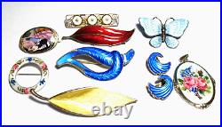 Sterling Silver Enamel Vintage Jewelry Lot 9 Pins Earrings Pendant 65 Grams