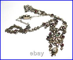 Sterling Silver Hungarian Emerald Ruby Pearl Enamel Necklace Victorian 27 Grams