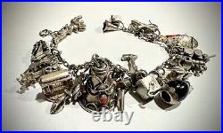 Sterling Silver Loaded Charm Bracelet Some Movable, Enamel, Coral Etc