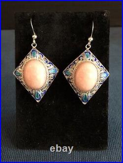 Sterling Silver Pink Cabochon Stone Blue Enamel Guilloché Earrings Pierced