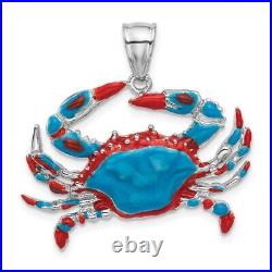 Sterling Silver Rhodium-Plated Polished Enameled Blue Crab Pendant