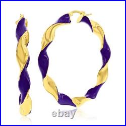Sterling Silver, Violet Enamel 50mm Twisted Hoop Earrings Gold Plated